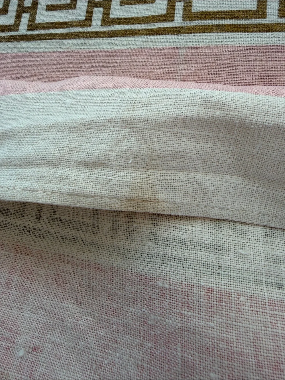 Vintage Linen Tablecloth 50x50 Pink Metallic Gold Greek Key Regency